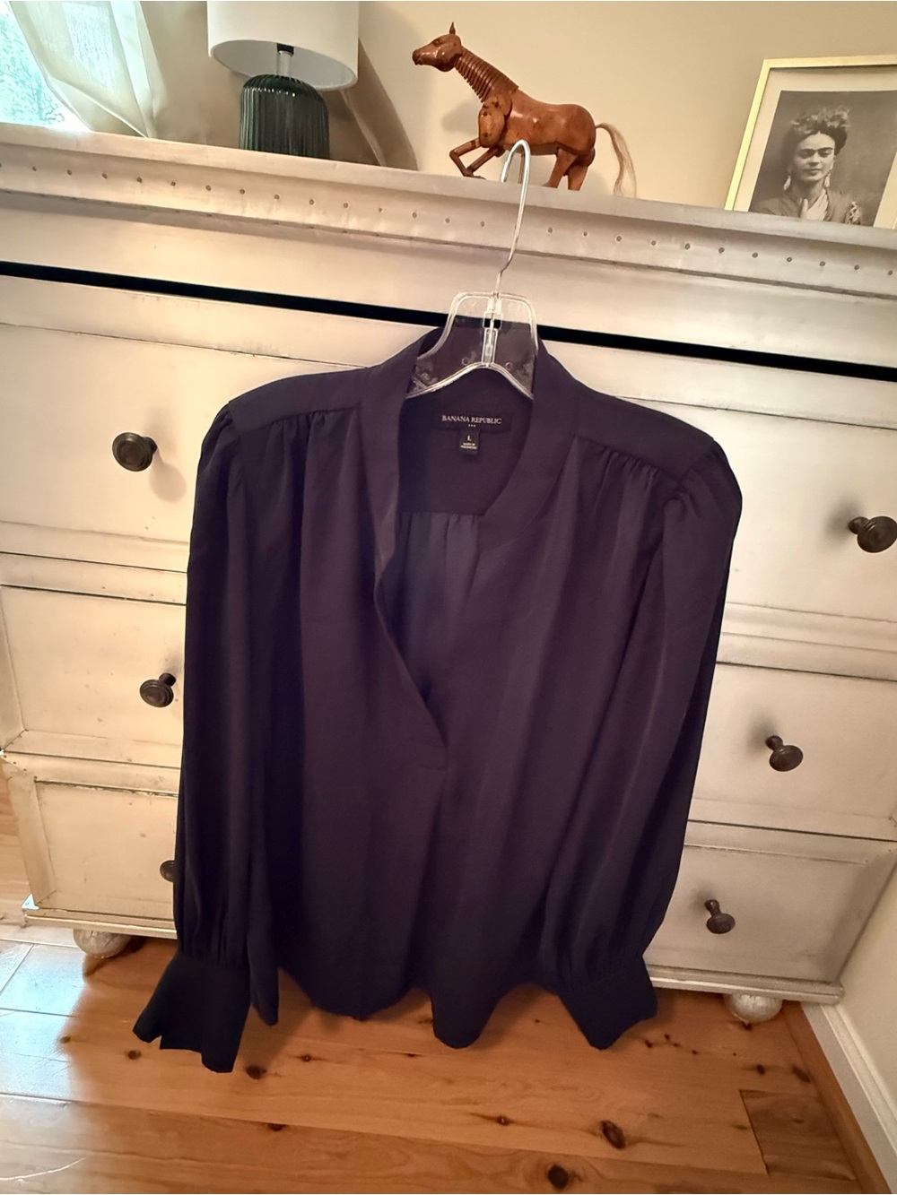 Banana Republic navy blue popover blouse, size Large